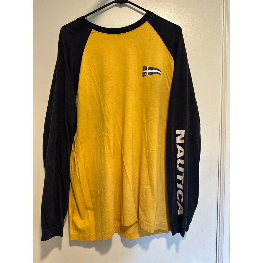 Nautica Streetwear Raglan Long Sleeve Tee Sz:XL Yellow Navy Blue Cotton Graphic